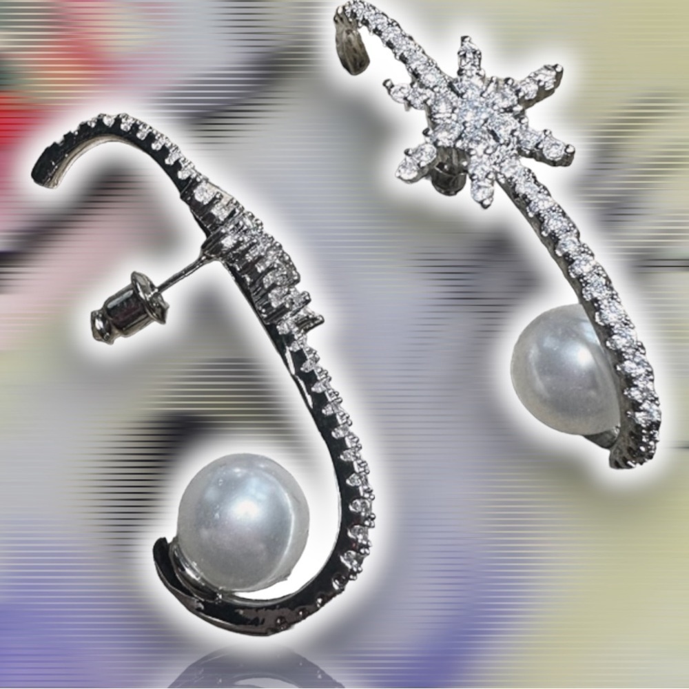 NEW CZ Over Lobe Drop Star Earrings With Reverse White Imitation Pearl - Picture 5 of 10